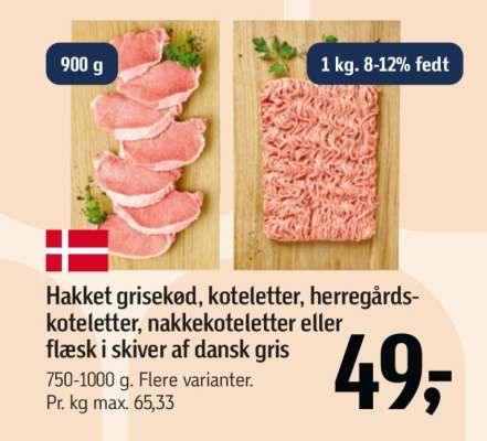Hakket grisekød, koteletter, herregårdskoteletter, nakkekoteletter eller flæsk i skiver af dansk gris