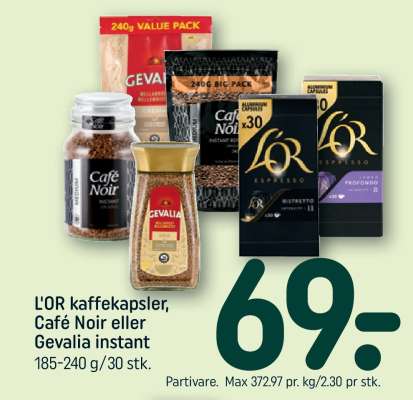 L'OR kaffekapsler, Café Noir eller Gevalia instant