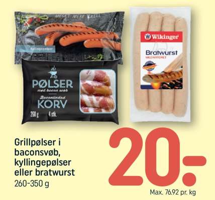 Grillpølser i baconsvøb, kyllingepølser eller bratwurst