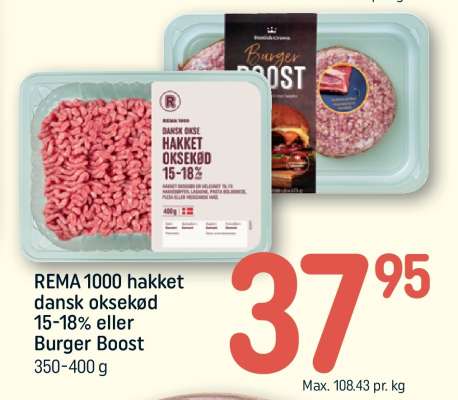REMA 1000 hakket dansk oksekød 15-18% eller Burger Boost