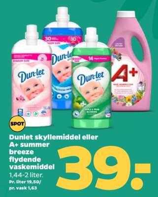 Dunlet skyllemiddel eller A+ summer breeze flydende vaskemiddel