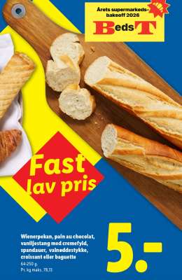 Wienerpekan, pain au chocolat, vaniljestang med cremefyld, spandauer, valnøddestykke, croissant eller baguette