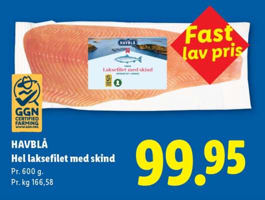 HAVBLÅ Hel laksefilet med skind