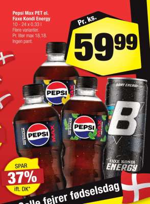 Pepsi Max PET el. Faxe Kondi Energy