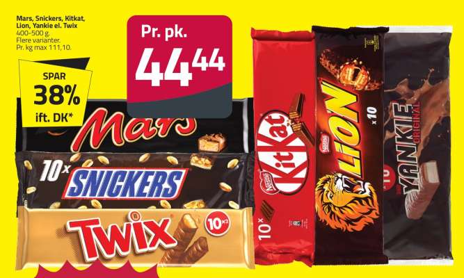 Mars, Snickers, Kitkat, Lion, Yankee el. Twix