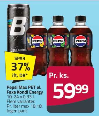 Pepsi Max PET el. Faxe Kondi Energy