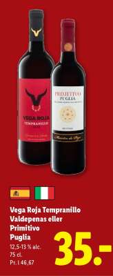 Vega Roja Tempranillo Valdepenas eller Primitivo Puglia