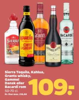Sierra Tequila, Kahlua, Grants whisky, Gammel Dansk, Bacardi rom