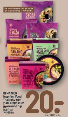 REMA 1000 Inspiring Food Thaiboks, tom yum suppe eller gyoza med dip