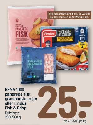 REMA 1000 panerede fisk, grønlandske rejer eller Findus Fish & Crisp
