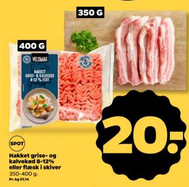 Hakket grise- og kalvekød 8-12% eller flæsk i skiver
