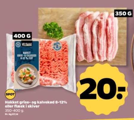 Hakket grise- og kalvekød 8-12% eller flæsk i skiver