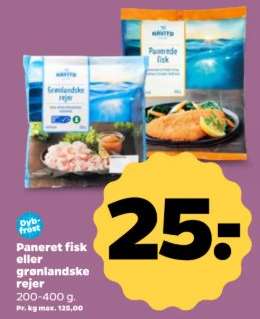 Paneret fisk eller grønlandske rejer