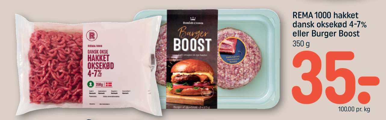REMA 1000 hakket dansk oksekød 4-7% eller Burger Boost