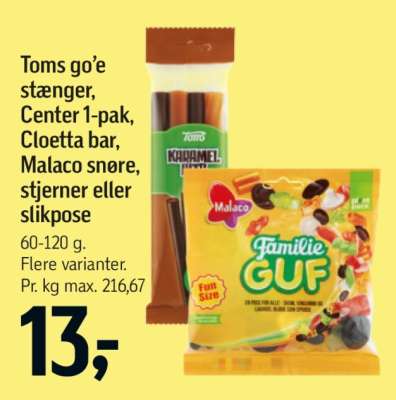 Toms go’e stænger, Center 1-pak, Cloetta bar, Malaco snore, stjerner eller slikpose