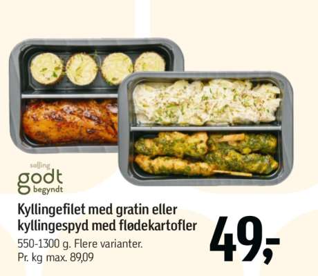 Kyllingefilet med gratin eller kyllingespyd med flødekartofler
