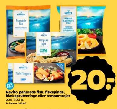 Navito panerede fisk, fiskepinde, blæksprutteringe eller tempurarejer